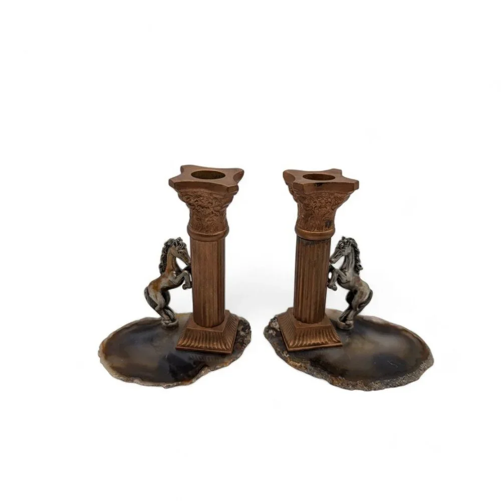 Vintage Horse Column Candle Holders with Agate Bases - 5.5